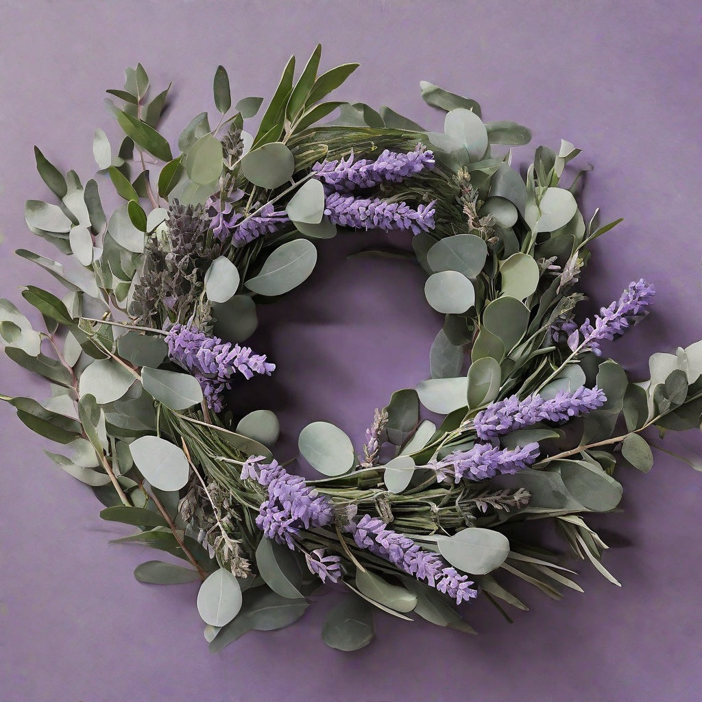 Weath of eucalyptus and lavender on a purple background as a visual representation of Eucalyptus Lavender Fragrance Oil available at Village Craft and Candle || Une pluie d'eucalyptus et de lavande sur fond violet comme représentation visuelle de l'huile parfumée d'eucalyptus et de lavande disponible chez Village Craft and Candle.