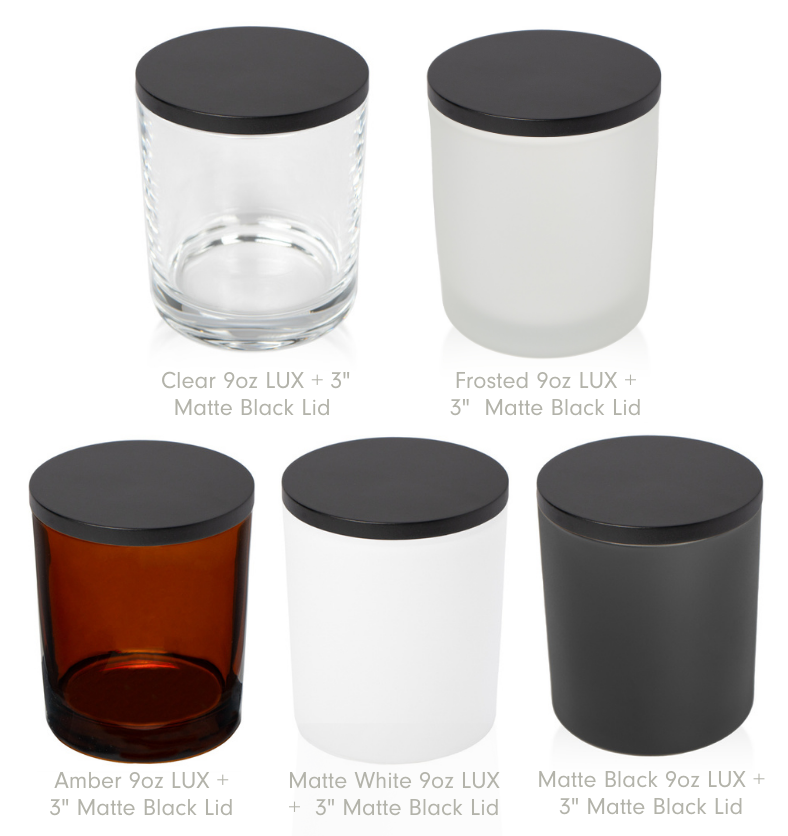 Collage of LUX Jars in Amber, Clear, Frosted White, Matte Black, and Matte White with LUX Matte Black Wood Lids. 10oz max capacity, 8.1oz recommended fill. Case of 12. || Collage de pots LUX en Ambre, Clair, Blanc givré, Noir mat et Blanc mat avec couvercles en bois noir mat LUX. Capacité maximale de 10 oz, remplissage recommandé de 8,1 oz. Vendu en caisse de 12.