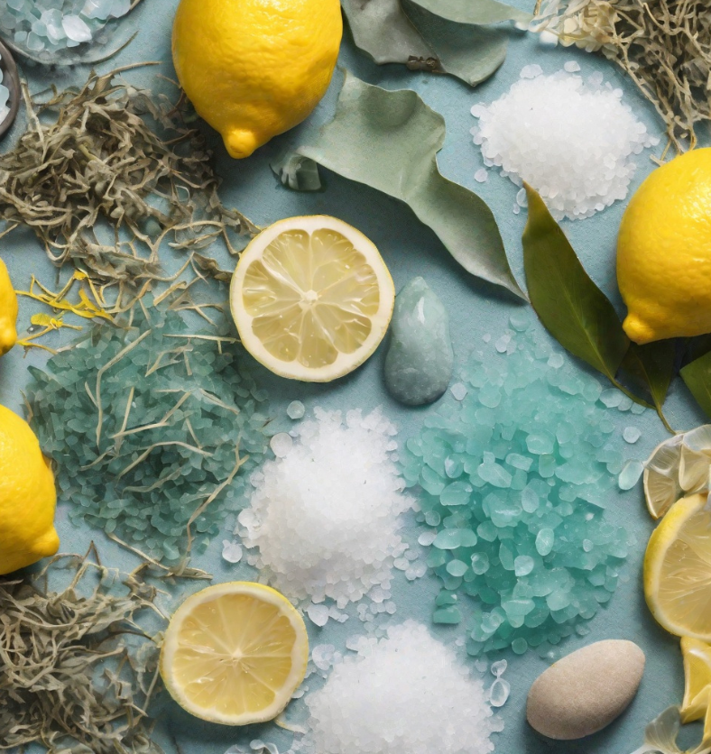 Lemons, sea salt, & eucalyptus as a visual representation of Aquamarine Fragrance Oil available at Village Craft and Candle || Citrons, sel de mer et eucalyptus comme représentation visuelle de l'huile parfumée aigue-marine disponible chez Village Craft and Candle