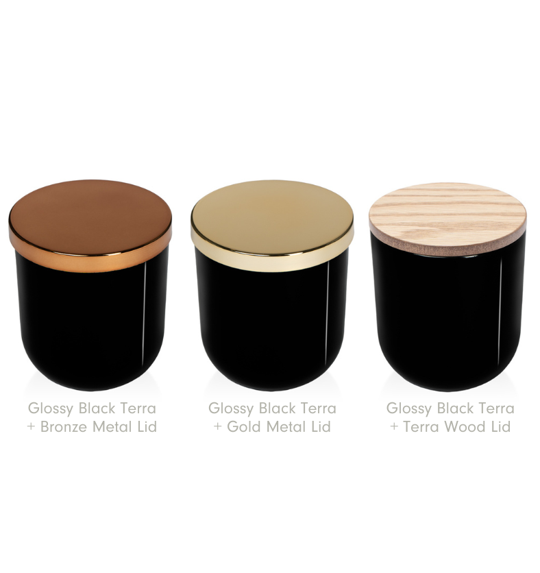 Collage of the Glossy Black 10oz TERRA Glass Jar for Candle Making shown with a Bronze Metal Lid, a Gold Metal Lid, and a Natural Oak Wood Lid. || Collage du pot en verre TERRA de 10 oz noir lustré pour la fabrication de bougies, présenté avec un couvercle en métal bronze, un couvercle en métal doré et un couvercle en bois de chêne naturel.