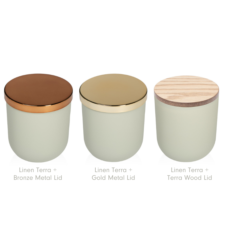 Collage of the Linen 10oz TERRA Glass Jar for Candle Making shown with a Bronze Metal Lid, a Gold Metal Lid, and a Natural Oak Wood Lid. || Collage du pot en verre TERRA de 10 oz couleur lin pour la fabrication de bougies, présenté avec un couvercle en métal bronze, un couvercle en métal doré et un couvercle en bois de chêne naturel.