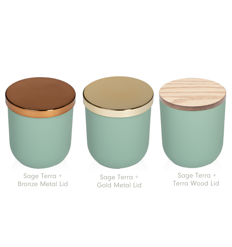Collage of the Sage 10oz TERRA Glass Jar for Candle Making shown with a Bronze Metal Lid, a Gold Metal Lid, and a Natural Oak Wood Lid. || Collage du pot en verre TERRA de 10 oz couleur sauge pour la fabrication de bougies, présenté avec un couvercle en métal bronze, un couvercle en métal doré et un couvercle en bois de chêne naturel.