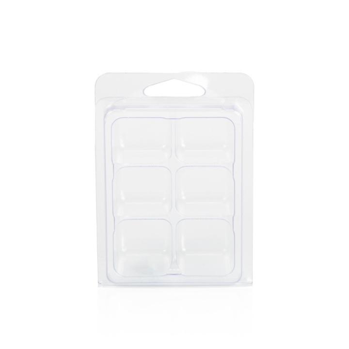 Top view of 6 Cavity PVC Plastic Clamshell - Versatile Container for Candle Making and Storage || Vue de dessus de la coque en plastique PVC à 6 cavités - Récipient polyvalent pour la fabrication et le stockage de bougies