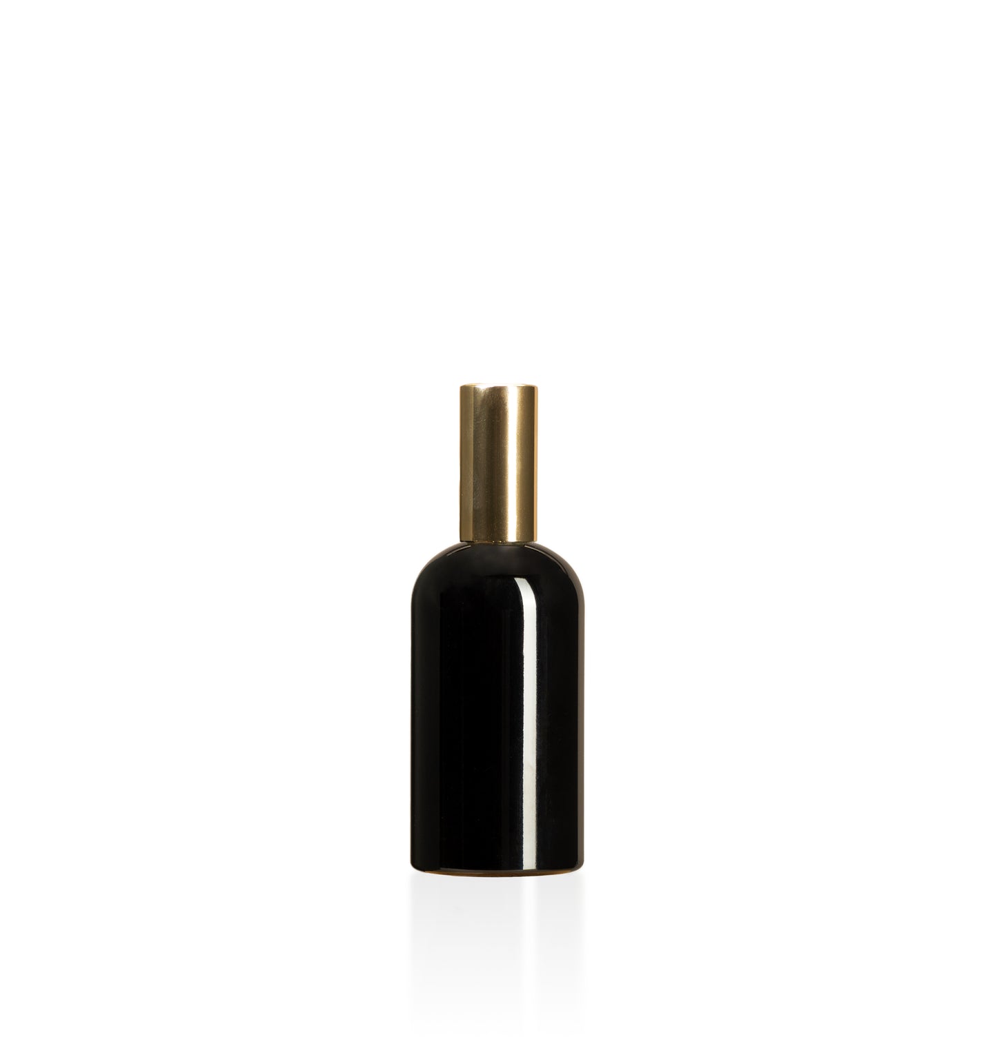Image of a plastic black bottle with a gold lid on a white background to represent Village Craft & Candle's 7oz Boston Round bottles || Image d'une bouteille en plastique noire avec un couvercle doré sur fond blanc pour représenter les bouteilles rondes Boston de 7 oz de Village Craft & Candle
