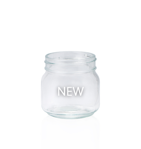 Pot Mason transparent de 6 oz pour bougies, montrant la large ouverture et la base épaisse. Produit sans couvercle présenté sur fond blanc.