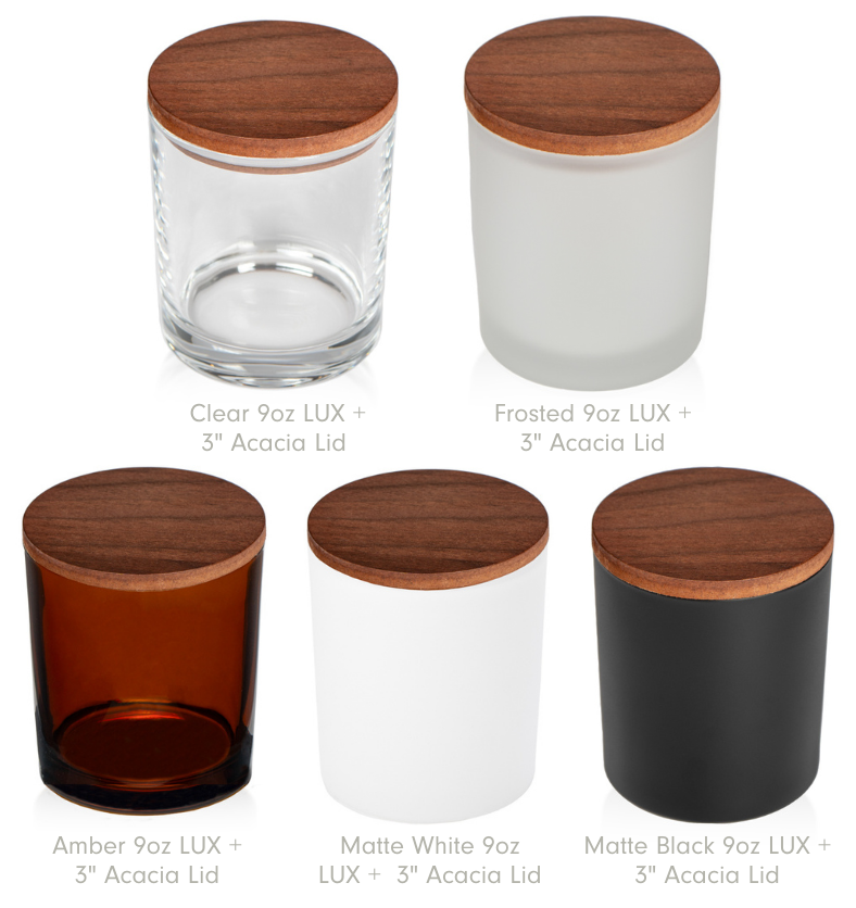 Collage of LUX Jars in Amber, Clear, Frosted White, Matte Black, and Matte White with LUX Acacia Wood Lids. 10oz max capacity, 8.1oz recommended fill. Case of 12. || Collage de pots LUX en Ambre, Clair, Blanc givré, Noir mat et Blanc mat avec couvercles en bois d'Acacia LUX. Capacité maximale de 10 oz, remplissage recommandé de 8,1 oz. Vendu en caisse de 12.