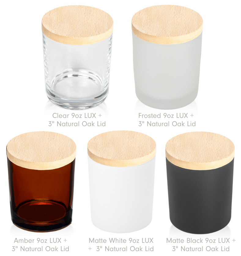 Collage of LUX Jars in Amber, Clear, Frosted White, Matte Black, and Matte White with LUX Natural Oak Lids. 10oz max capacity, 8.1oz recommended fill. Case of 12. || Collage de pots LUX en Ambre, Clair, Blanc givré, Noir mat et Blanc mat avec couvercles en chêne naturel LUX. Capacité maximale de 10 oz, remplissage recommandé de 8,1 oz. Vendu en caisse de 12.