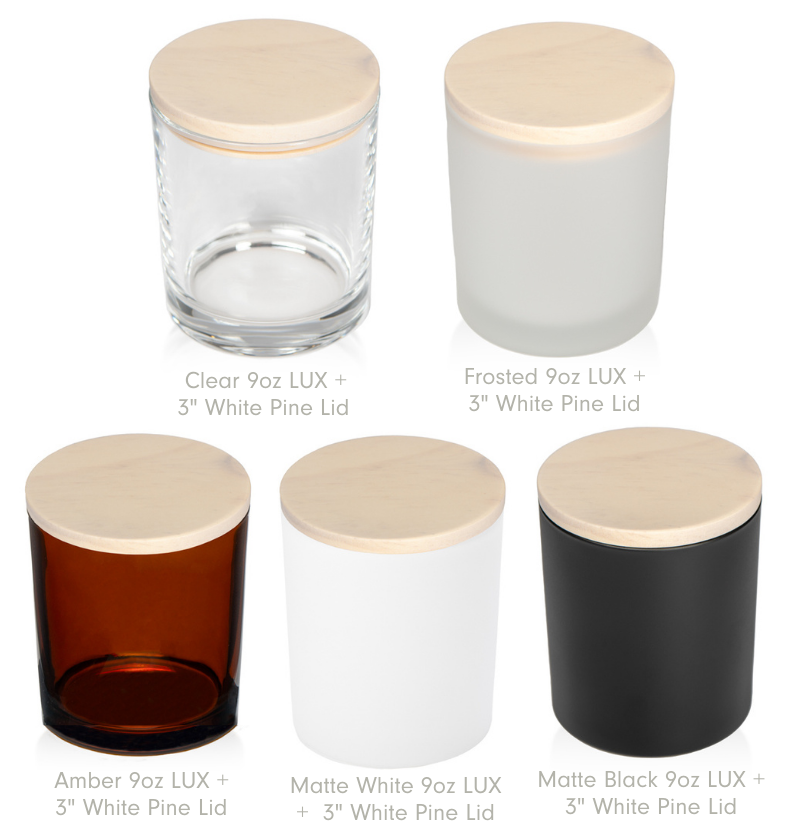Collage of LUX Jars in Amber, Clear, Frosted White, Matte Black, and Matte White with LUX White Pine Lids. 10oz max capacity, 8.1oz recommended fill. Case of 12. || Collage de pots LUX en Ambre, Clair, Blanc givré, Noir mat et Blanc mat avec couvercles en pin blanc LUX. Capacité maximale de 10 oz, remplissage recommandé de 8,1 oz. Vendu en caisse de 12.