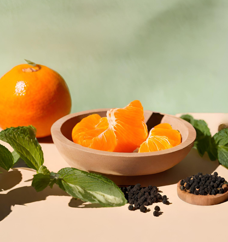 Image of a peeled mandarin orange in a bowl with black pepper & mint sprigs to represent the Village Craft & Candle Apollo Fragrance Oil | Image d'une mandarine épluchée dans un bol avec du poivre noir et des brins de menthe pour représenter l'huile de parfum Apollo de Village Craft & Candle