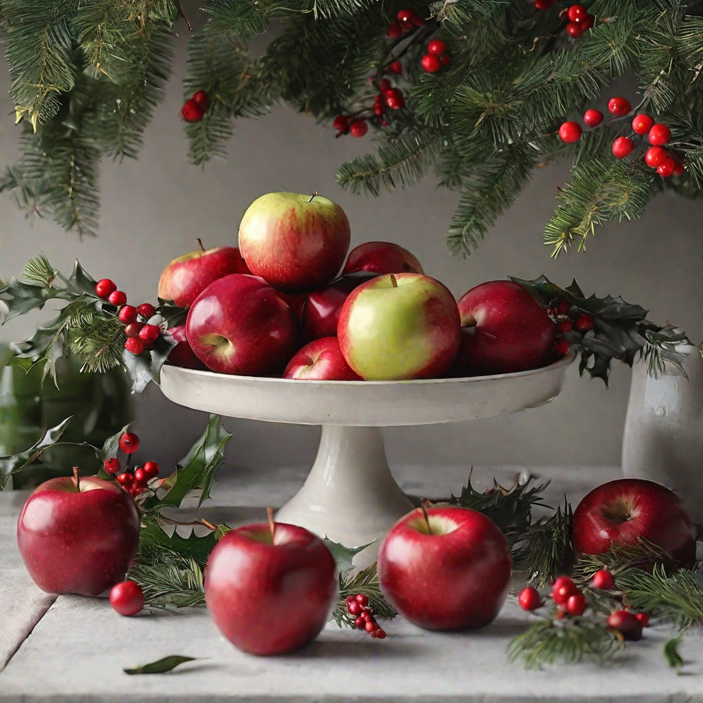 Apples on a white plate surrounded by evergreens as a visual representation of Apples & Evergreen Fragrance Oil available at Village Craft and Candle || Pommes sur une assiette blanche entourées de conifères comme représentation visuelle de l'huile parfumée pommes et conifères disponible chez Village Craft and Candle