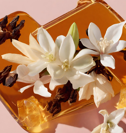 Image of Tuberose blossoms, amber, & musk to represent the Village Craft & Candle Blossom Fragrance Oil | Image de fleurs de tubéreuse, d'ambre et de musc pour représenter l'huile de parfum Blossom de Village Craft & Candle