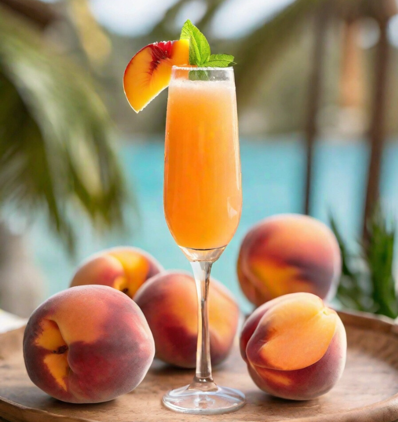 Bellini glass surrounded by peaches as a visual representation of Bellini Fragrance Oil available at Village Craft and Candle || Verre Bellini entouré de pêches comme représentation visuelle de l'huile parfumée Bellini disponible chez Village Craft and Candle