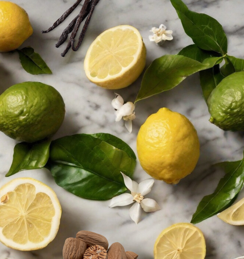 Lemon, nutmeg, lime, vanilla, and green leaves on a white marble table as a visual representation of Bergamot Fragrance Oil available at Village Craft and Candle || Citron, muscade, citron vert, vanille et feuilles vertes sur une table en marbre blanc comme représentation visuelle de l'huile parfumée de bergamote disponible chez Village Craft and Candle