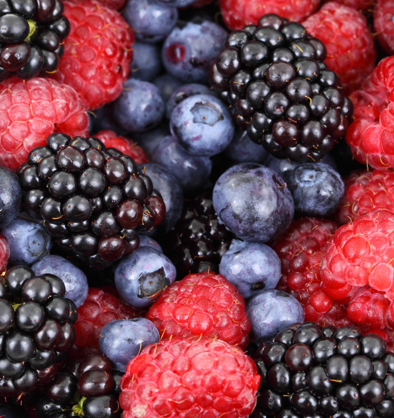 Assorted blueberries, raspberries, blackberries and strawberries with mint garnish as a visual representation of Berry Blaster Fragrance Oil available at Village Craft and Candle || Bol en bois d'un assortiment de myrtilles, framboises, mûres et fraises avec garniture à la menthe comme représentation visuelle de l'huile parfumée Berry Blaster disponible chez Village Craft and Candle