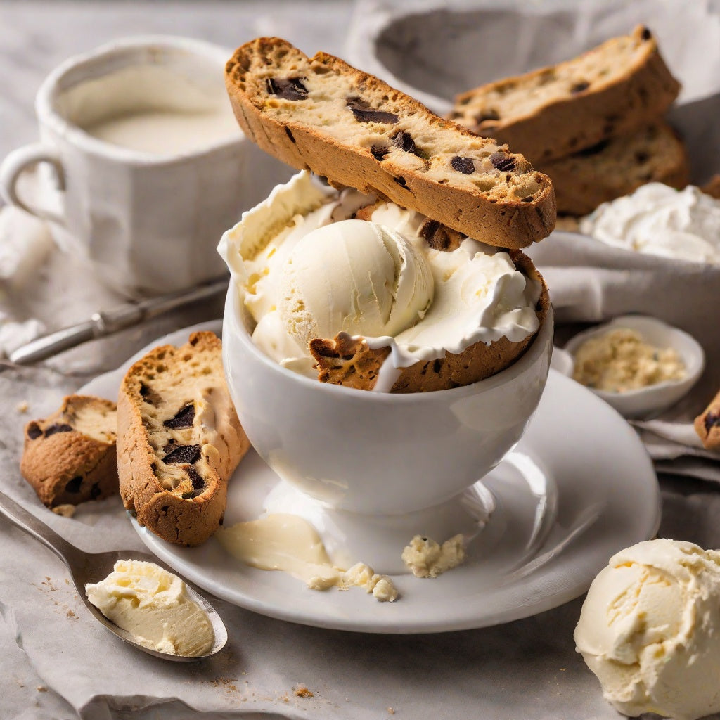 A small bowl of vanilla ice cream with chocolate biscotti on top as a visual representation of Biscotti Ice Cream Fragrance Oil available at Village Craft and Candle || Un petit bol de glace à la vanille avec des biscotti au chocolat sur le dessus comme représentation visuelle de l'huile parfumée à la crème glacée Biscotti disponible chez Village Craft and Candle.