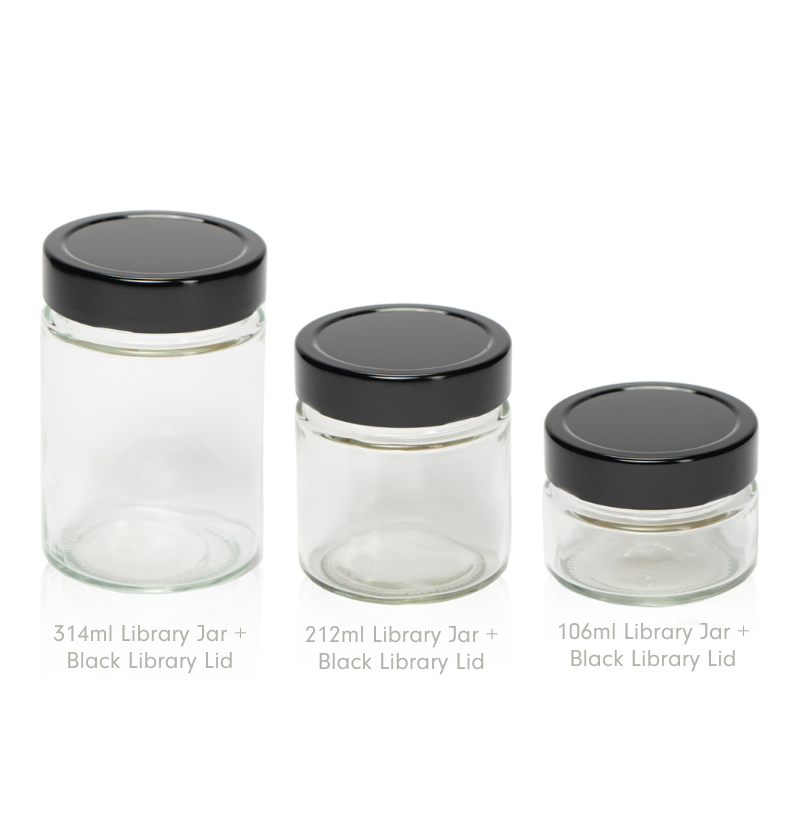 314ml library jar with silver, copper and black lids