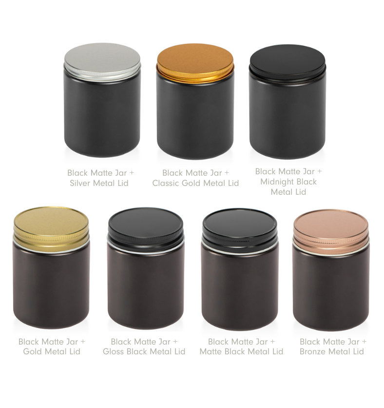 Image of a matte black glass jar with all lid options to represent Village Craft & Candle's 8oz Matte Black Element Straight Side Jar and Element Lids for candle making. || Image d’un pot en verre noir mat avec toutes les options de couvercle pour représenter le pot droit Matte Black Element de 8 oz de Village Craft & Candle et les couvercles Element pour la fabrication de bougies.