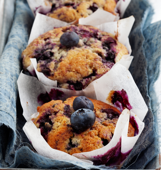 3 blueberry muffins in a basket as a visual representation of Blueberry Muffin Fragrance Oil available at Village Craft and Candle