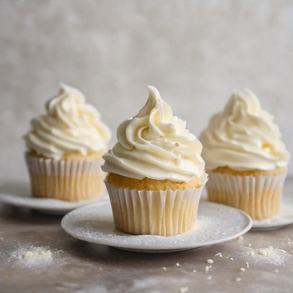 Three vanilla buttercream cupcakes as a visual representation of Butter Cream Fragrance Oil available at Village Craft and Candle || Trois cupcakes à la crème au beurre à la vanille comme représentation visuelle de l'huile parfumée à la crème au beurre disponible chez Village Craft and Candle