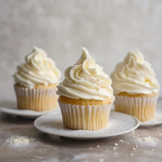 Three vanilla buttercream cupcakes as a visual representation of Butter Cream Fragrance Oil available at Village Craft and Candle