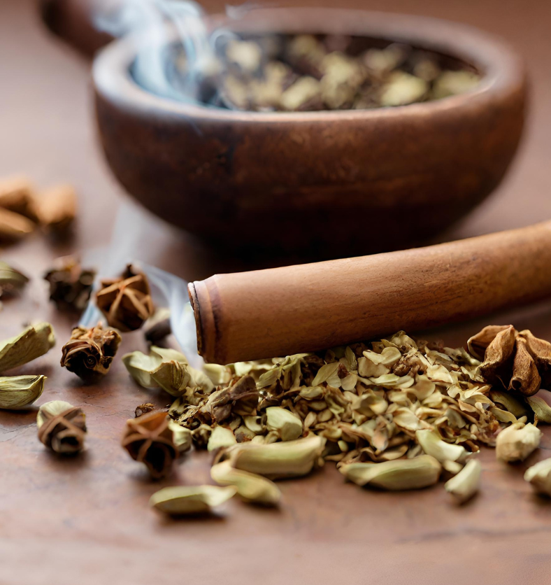 Pipe with tobacco leaves & a small glass of cardamom seeds as a visual representation of Cardamom & Tobacco Fragrance Oil available at Village Craft and Candle || Pipe avec des feuilles de tabac et un petit verre de graines de cardamome comme représentation visuelle de l'huile parfumée Cardamome et tabac disponible chez Village Craft and Candle