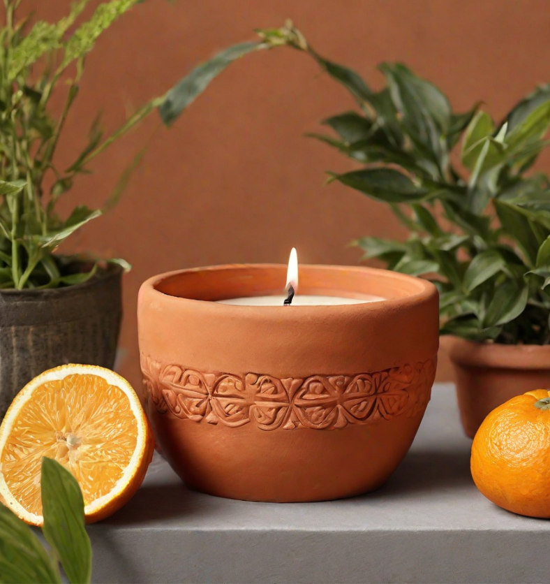 Lemons next to potted plants and a candle burning as a visual representation of Citronella Fragrance Oil available at Village Craft and Candle || Citrons à côté de plantes en pot et bougie allumée comme représentation visuelle de l'huile parfumée à la citronnelle disponible chez Village Craft and Candle