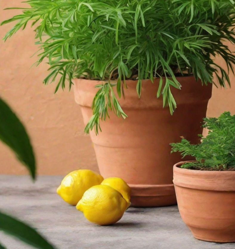 Lemons next to potted plants as a visual representation of Java Citronella Essential Oil available at Village Craft and Candle || Citrons à côté de plantes en pot comme représentation visuelle de l'huile essentielle de citronnelle de Java disponible chez Village Craft and Candle