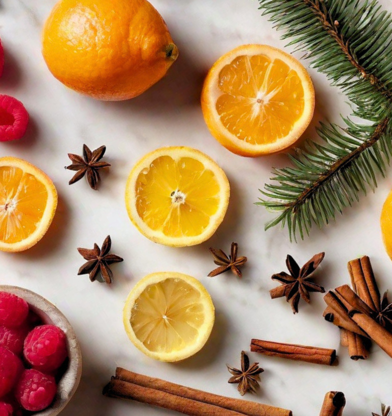 Sliced citrus fruits with assorted spices, cinnamon, berries, and balsalm on white background as a visual representation of Citrus Balsam Fragrance Oil available at Village Craft and Candle || Agrumes tranchés avec un assortiment d'épices, de cannelle, de baies et de baume sur fond blanc comme représentation visuelle de l'huile parfumée Citrus Balsam disponible chez Village Craft and Candle