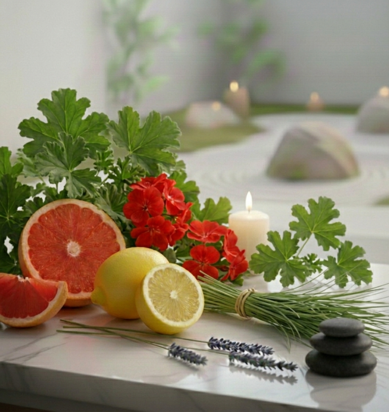 A serene arrangement of Clarity Essential Oil ingredients featuring sliced red grapefruit, fresh lemons, sprigs of lavender, and a bundle of green lemongrass on a marble surface with a zen spa background. || Un arrangement serein d'ingrédients du mélange d'huiles essentielles Clarté comprenant du pamplemousse rose tranché, des citrons frais, des brins de lavande et un bouquet de citronnelle sur une surface en marbre dans un décor de spa zen.