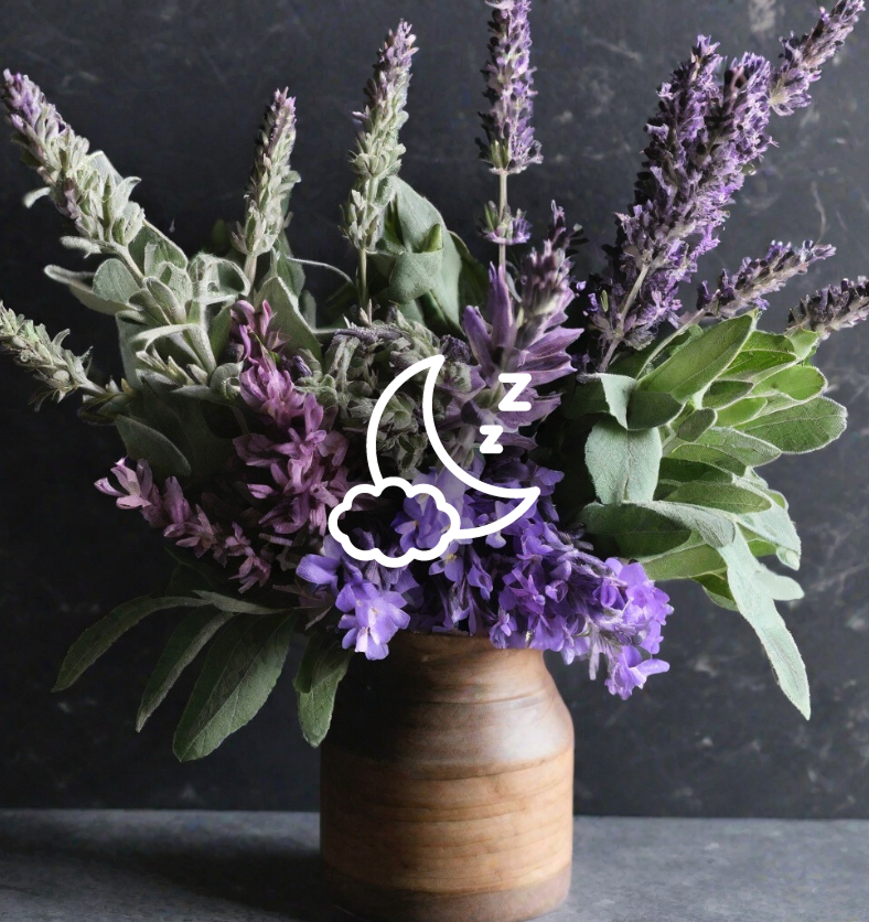 Sage and lavender in a wood vase with an embossed moon and clouds as a visual representation of Clary Sage & Lavender EmotiScents (Relaxing) Fragrance Oil available at Village Craft and Candle || Sauge et lavande dans un vase en bois avec une lune et des nuages en relief comme représentation visuelle de l'huile parfumée Clary Sage & Lavender EmotiScents (relaxante) disponible chez Village Craft and Candle