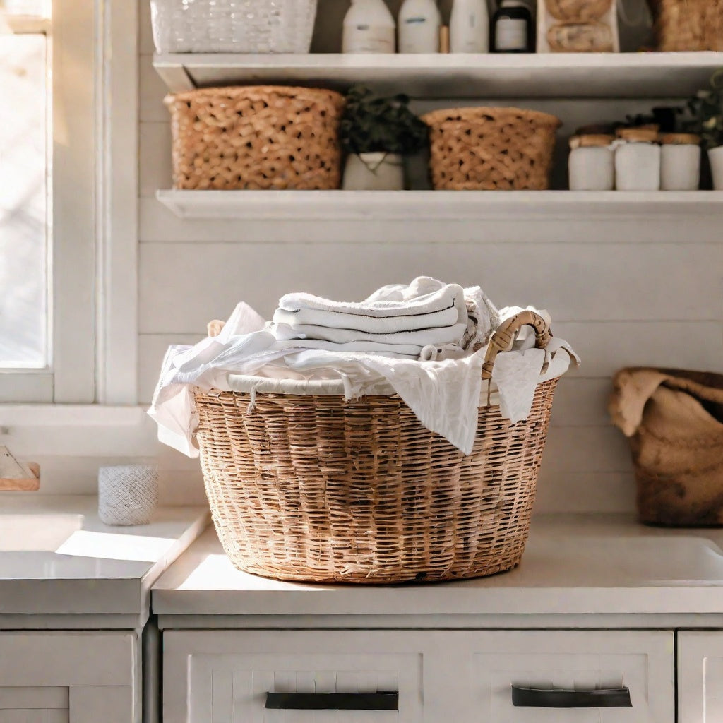 Wicker basket of clean linens on a kitchen counter as a visual representation of Clean Cotton Yankee Type Fragrance Oil available at Village Craft and Candle || Panier en osier de linge propre sur un comptoir de cuisine comme représentation visuelle de l'huile parfumée Clean Cotton Yankee Type disponible chez Village Craft and Candle