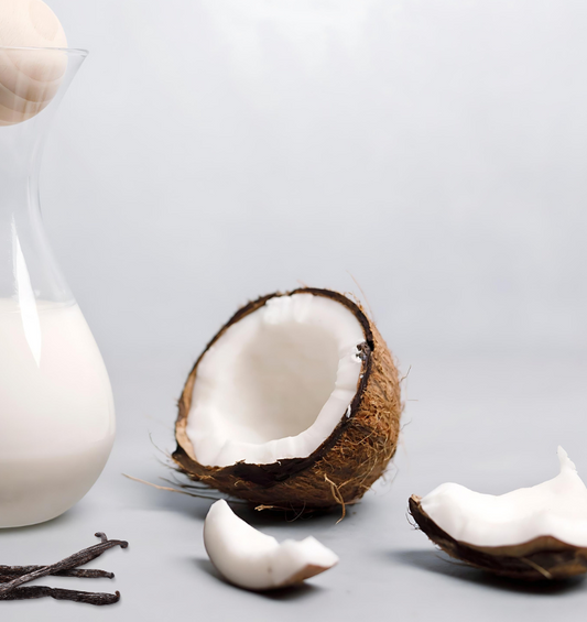 Split coconuts on palm leaves as a visual representation of Coconut Fragrance Oil available at Village Craft and Candle