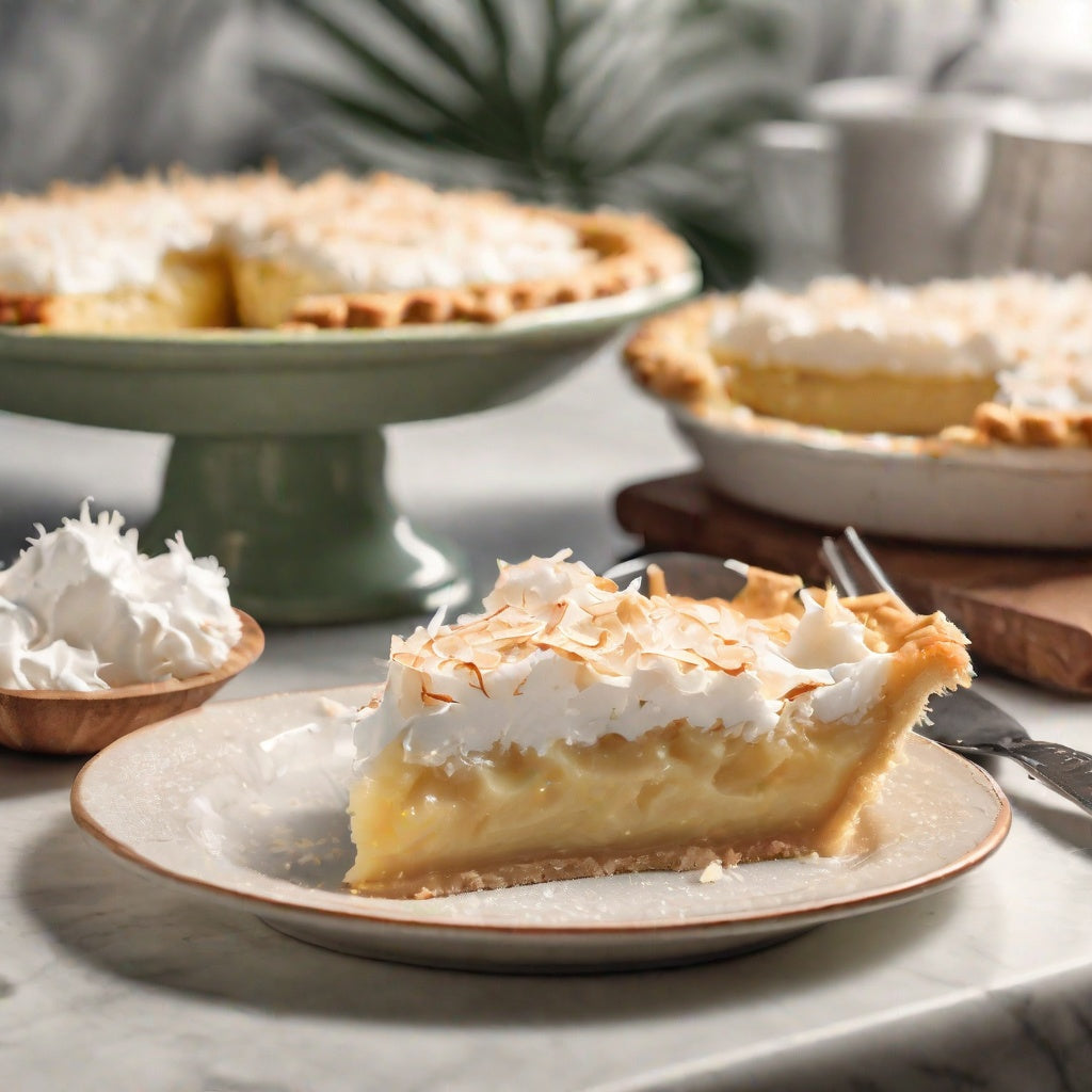 Slice of coconut cream pie with pies in background as a visual representation of Coconut Cream Fragrance Oil available at Village Craft and Candle || Tranche de tarte à la crème de noix de coco avec des tartes en arrière-plan comme représentation visuelle de l'huile parfumée à la crème de noix de coco disponible chez Village Craft and Candle