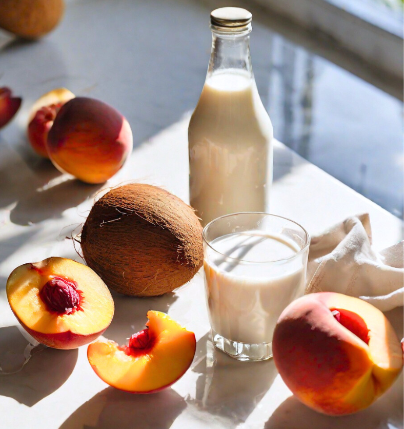Visually enticing portrayal of creamy coconut milk and ripe peaches as a visual representation of Coconut Milk & Nectarine Fragrance Oil available at Village Craft and Candle || Représentation visuellement attrayante du lait de coco crémeux et des pêches mûres comme représentation visuelle de l'huile parfumée au lait de coco et à la nectarine disponible chez Village Craft and Candle.