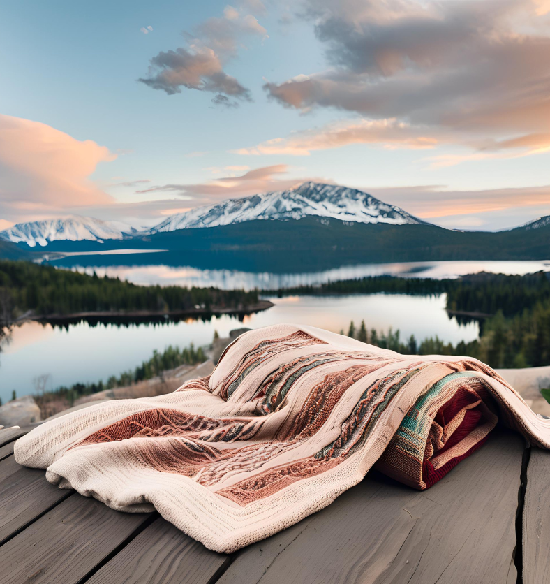 Traditional blanket with a foggy lake and trees in the background as a visual representation of Comfy Cozy Fragrance Oil available at Village Craft and Candle || Couverture traditionnelle avec un lac brumeux et des arbres en arrière-plan comme représentation visuelle de l'huile parfumée Comfy Cozy disponible chez Village Craft and Candle