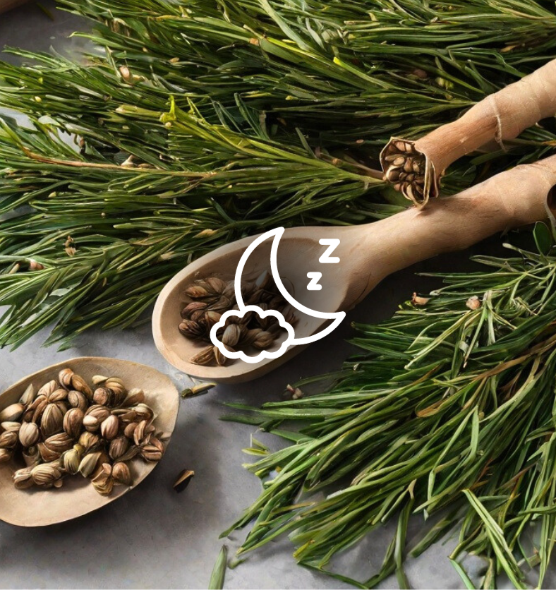 Romarin et cardamome sur un comptoir en marbre avec une lune et des nuages en relief comme représentation visuelle de l'huile parfumée Cypress & Cardamom EmotiScents (relaxante) disponible chez Village Craft and Candle