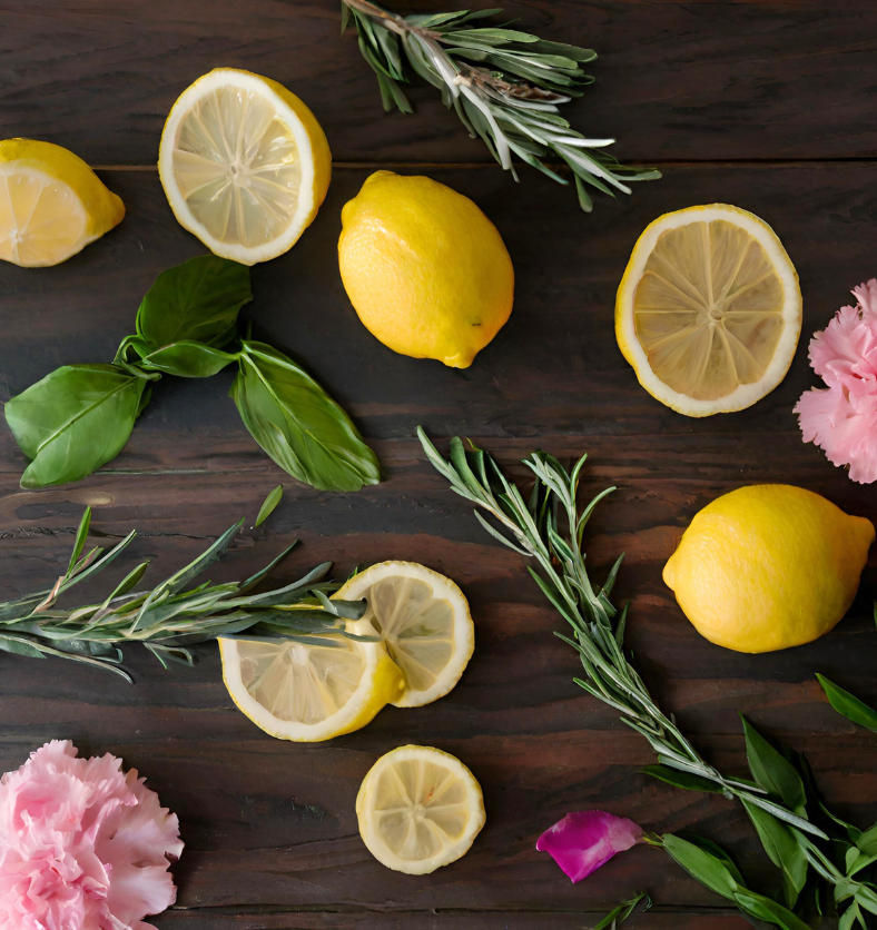 Image of sliced lemons, rosemary, basil leaves, & carnations on a wood table to represent Village Craft & Candle's Drakkar Fragrance Oil. || Image de tranches de citrons, de romarin, de feuilles de basilic et d'œillets sur une table en bois pour représenter l'huile parfumée Drakkar de Village Craft & Candle.