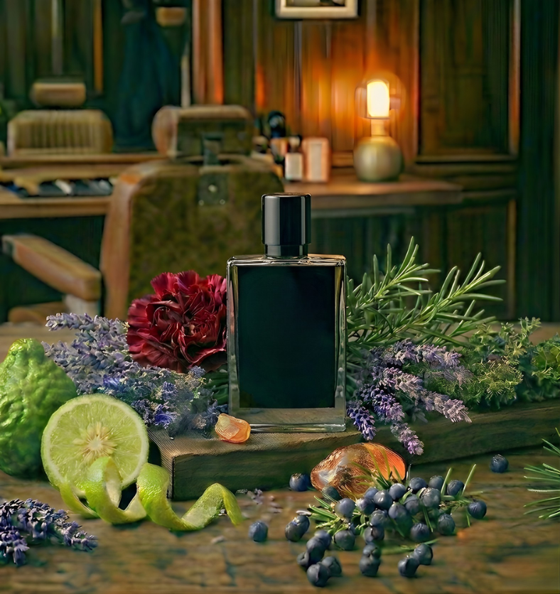 Drakkar Fragrance Oil: Black bottle with bergamot, lavender, and juniper berries to represent fresh and woody scent notes. || Huile Drakkar : Bouteille noire avec bergamote, lavande et baies de genévrier évoquant des notes fraîches et boisées.