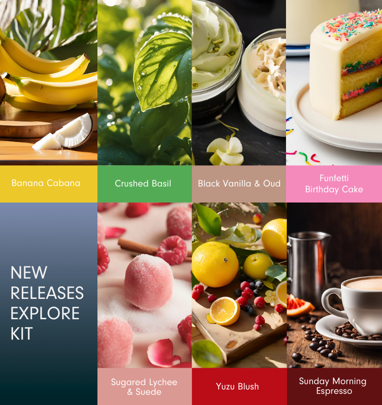 Collage of seven enticing images as a visual representation of the New Releases Fragrance Explore Kit available at Village Craft & Candle || Montage de sept images attrayantes représentant visuellement le kit d'exploration de parfums Nouveautés disponible chez Village Craft & Candle