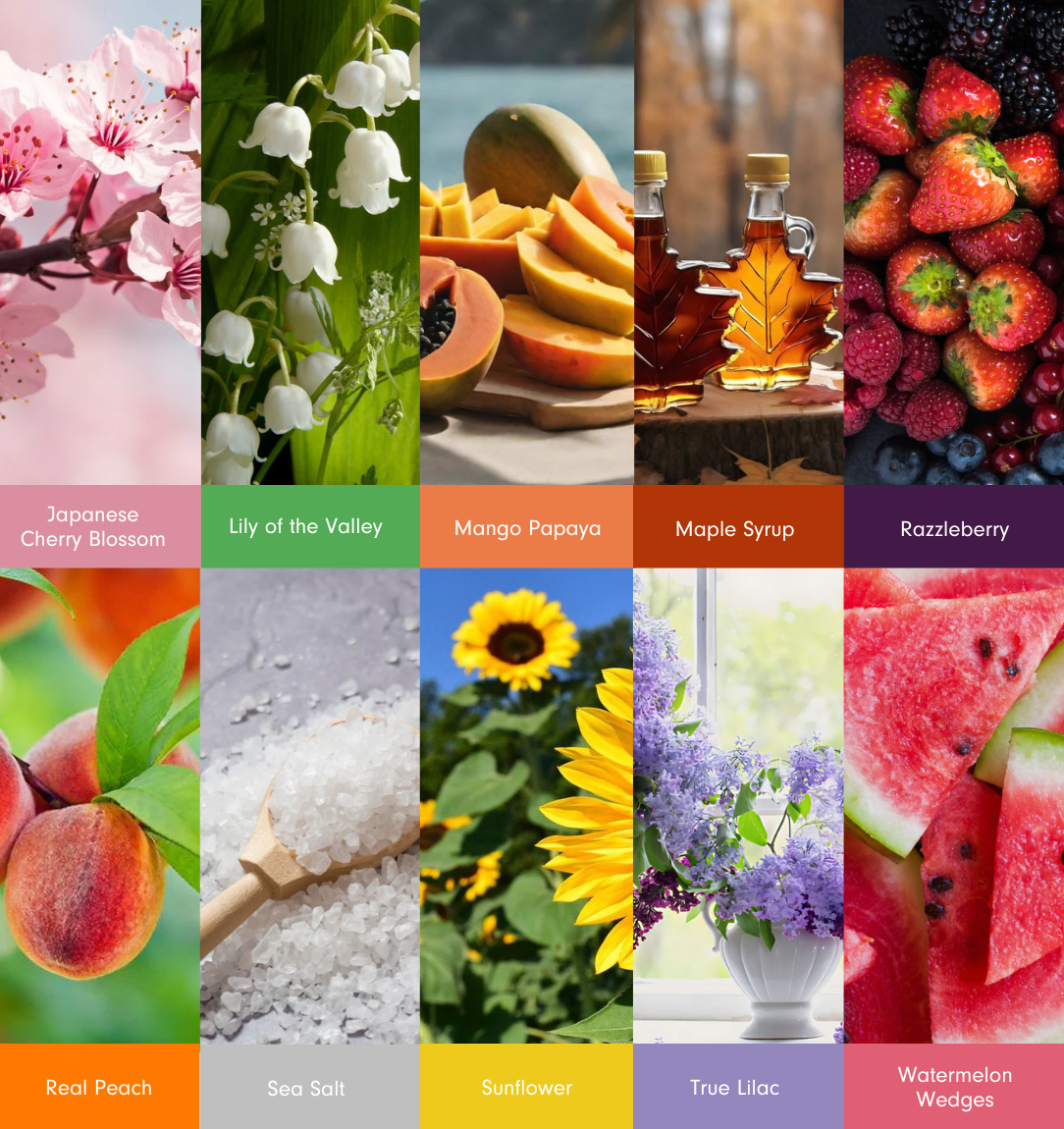 Collage of ten colourful enticing images as a visual representation of Spring & Summer Fragrance Explore Kit available at Village Craft and Candle || Collage de dix images colorées et attrayantes comme représentation visuelle du kit d'exploration des parfums printemps et été disponible chez Village Craft and Candle.