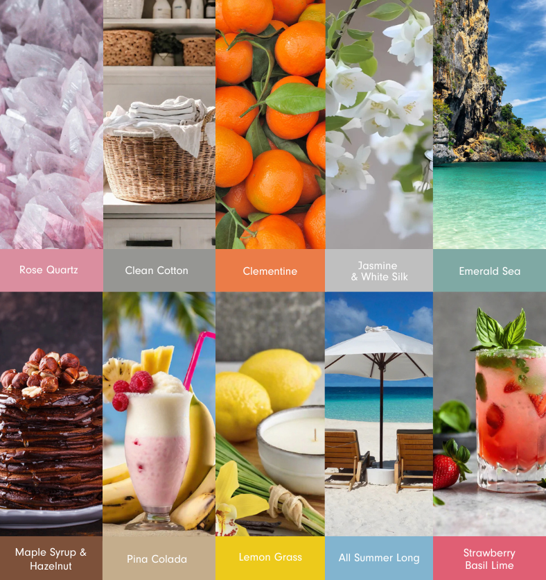 Collage of ten images representing Spring and Summer fragrances: Rose Quartz, Clean Cotton, Clementine, Jasmine & White Silk, Emerald Sea, Maple Syrup & Hazelnut, Pina Colada, Lemon Grass, All Summer Long, and Strawberry Basil Lime. | Montage de dix images représentant les parfums de Printemps et d'Été : Quartz Rose, Coton Propre, Clémentine, Jasmin & Soie Blanche, Mer Émeraude, Sirop d'Érable & Noisette, Pina Colada, Citronnelle, Tout l'Été, et Fraise Basilic Lime.