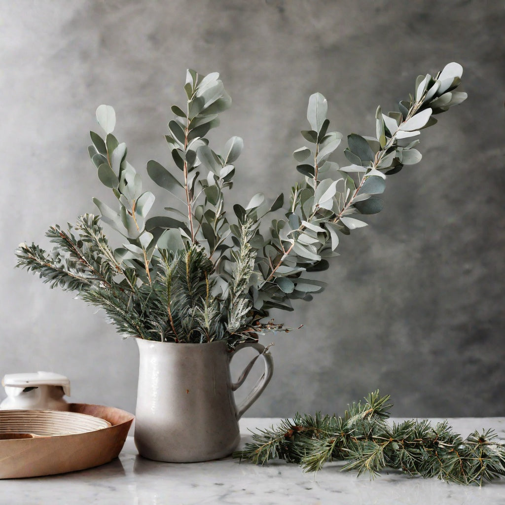 Fresh Eucalyptus Spruce branches artfully arranged in a rustic jug as a visual representation of Eucalyptus Spruce Fragrance Oil available at Village Craft and Candle || Branches d'épinette d'eucalyptus fraîches astucieusement disposées dans une cruche rustique comme représentation visuelle de l'huile parfumée d'épinette d'eucalyptus disponible chez Village Craft and Candle.