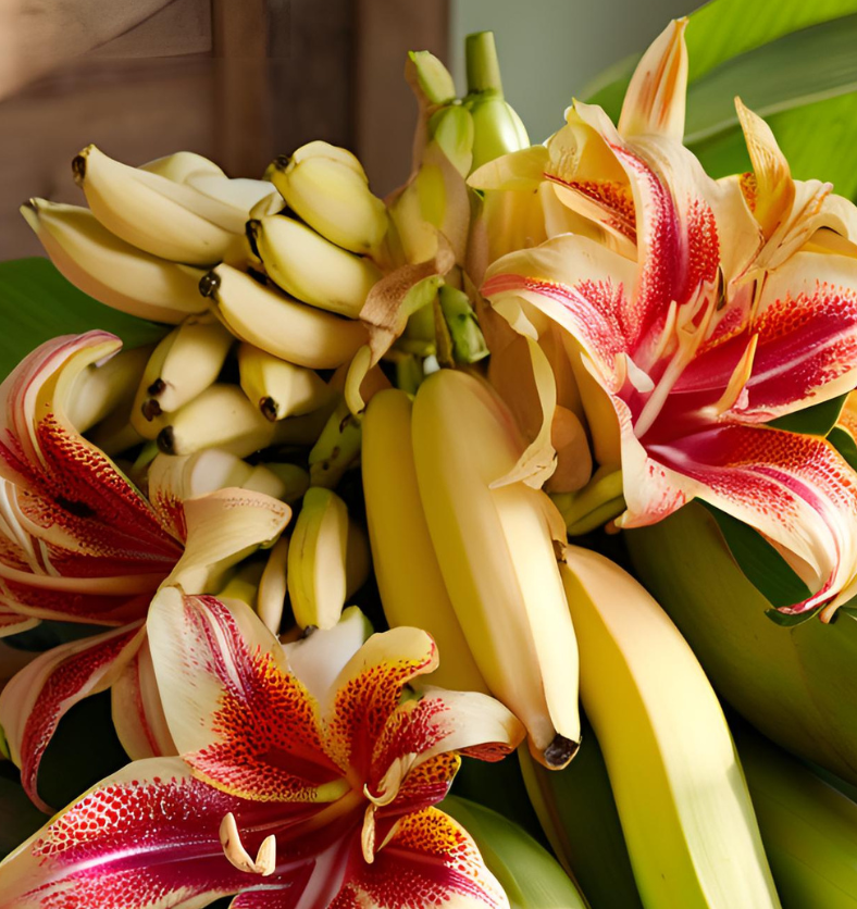 Lilies and bananas on counter depicting Fei Banana and Ginger Lily Fragrance Oil at Village Craft and Candle || Des lys et des bananes sur le comptoir illustrant l'huile parfumée Fei Banane et Lys de Gingembre disponible chez Village Craft and Candle.