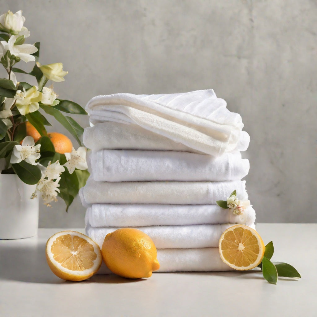 Folded linens with lemons and flowers as a visual representation of Fresh Laundry Fragrance Oil available at Village Craft and Candle || Linge de maison plié avec des citrons et des fleurs comme représentation visuelle de l'huile parfumée de lessive fraîche disponible chez Village Craft and Candle