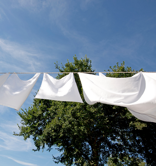 White linens on a clothesline with a large tree and clear blue sky in the background as a visual representation of Fresh Linen Fragrance Oil available at Village Craft and Candle