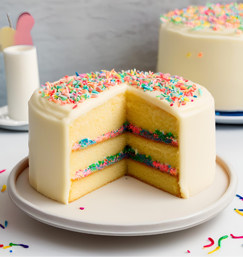 Image of a vanilla cake topped with multi coloured sprinkles to represent Village Craft & Candle's Funfetti Birthday Cake Fragrance Oil | Image d'un gâteau à la vanille garni de confettis multicolores représentant l'huile parfumée Funfetti Birthday Cake de Village Craft & Candle.