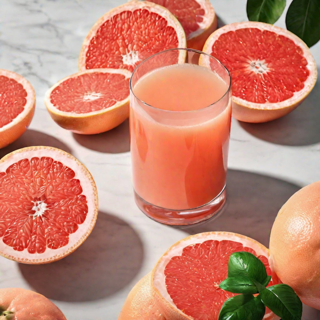 Glass of Grapefruit juice surrounded by cut grapefruits as a visual representation of Florida Grapefruit Essential Oil available at Village Craft and Candle || Verre de jus de pamplemousse entouré de pamplemousses coupés comme représentation visuelle de l'huile essentielle de pamplemousse de Floride disponible chez Village Craft and Candle