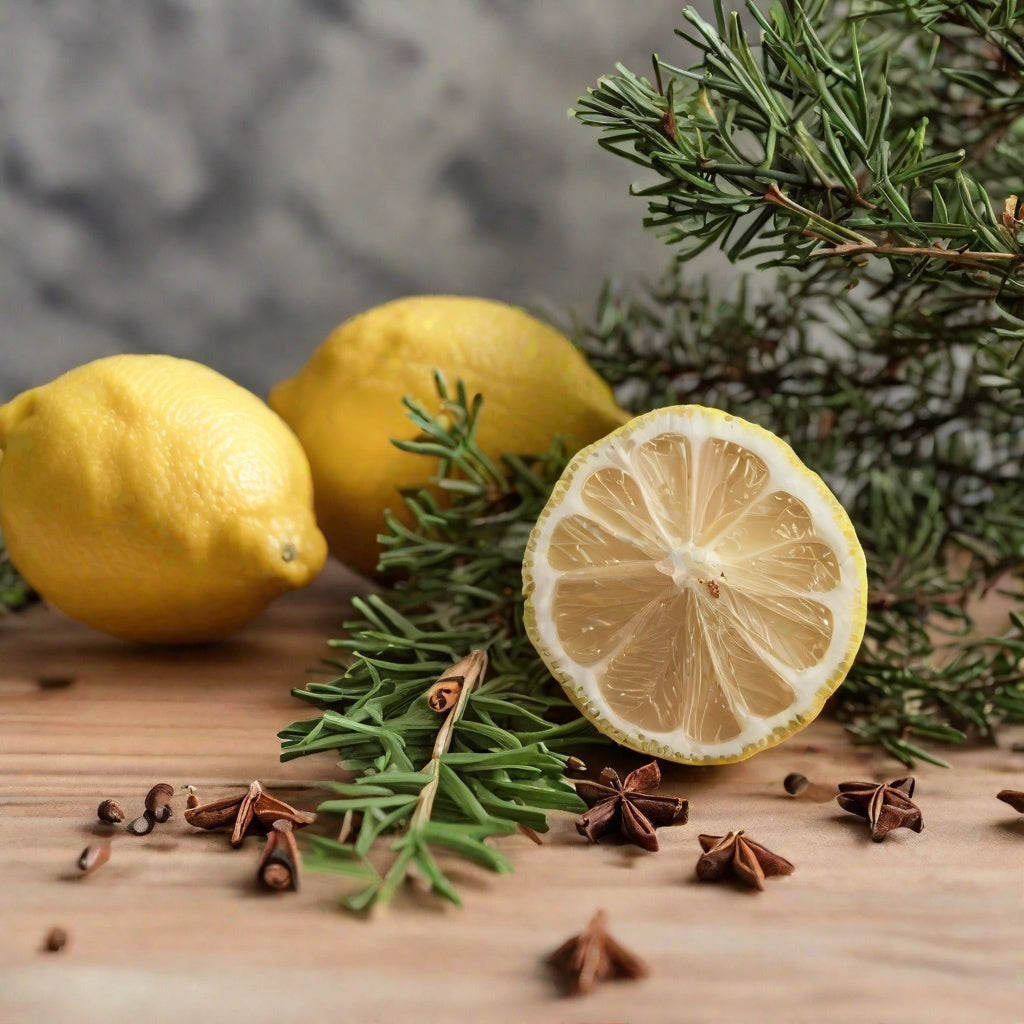Lemons, cloves & pine needles as a visual representation of Hinoki Woods Fragrance Oil available at Village Craft and Candle || Citrons, clous de girofle et aiguilles de pin comme représentation visuelle de l'huile parfumée Hinoki Woods disponible chez Village Craft and Candle