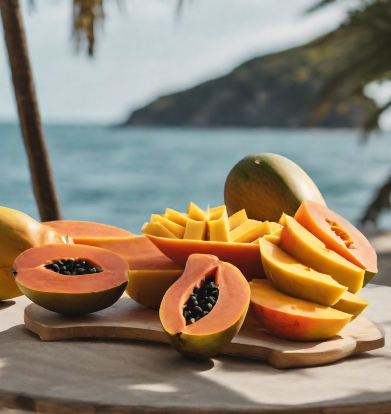 Cut mangoes and papaya with tropical background as a visual representation of Mango Papaya Fragrance Oil available at Village Craft and Candle || Mangues et papayes coupées sur fond tropical comme représentation visuelle de l'huile parfumée Mango Papaya disponible chez Village Craft and Candle.