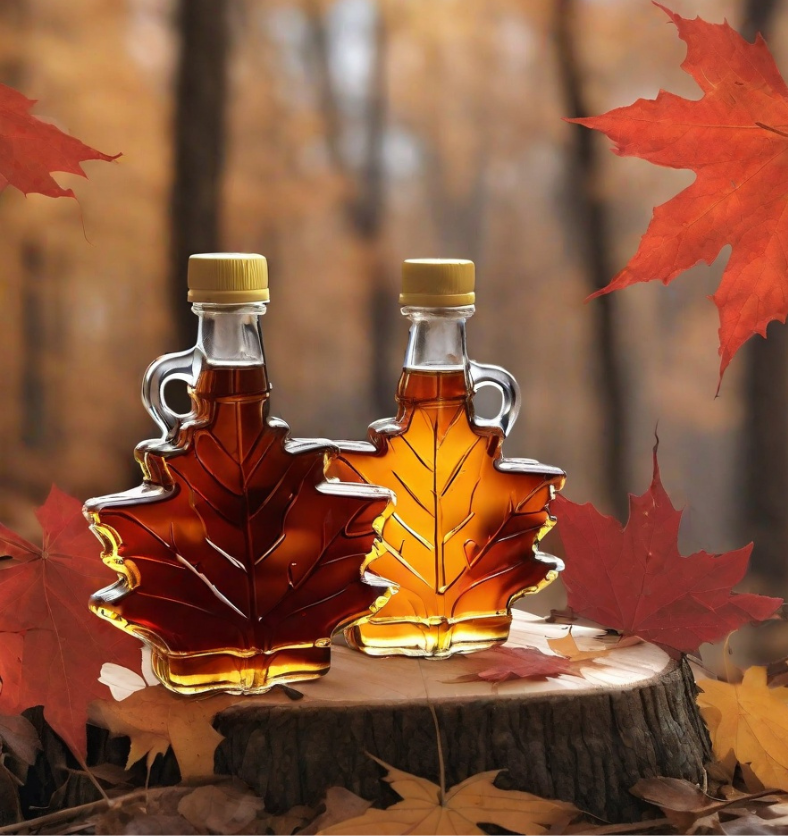 Two bottle of maple syrup in maple leaf shaped bottles on tree stump surrounded by red maple leaves as a visual representation of Maple Syrup Fragrance Oil available at Village Craft and Candle || Deux bouteilles de sirop d'érable dans des bouteilles en forme de feuille d'érable sur une souche d'arbre entourées de feuilles d'érable rouges comme représentation visuelle de l'huile parfumée au sirop d'érable disponible chez Village Craft and Candle